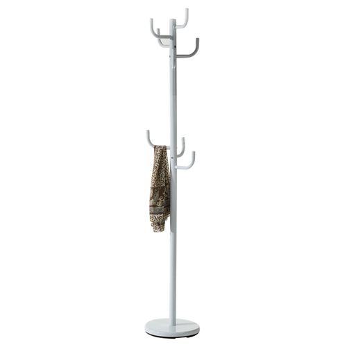 Porte-manteaux MILA portant pour vêtements sur pied hauteur 174 cm socle rond et 8 crochets, meuble d'entrée en métal laqué blanc