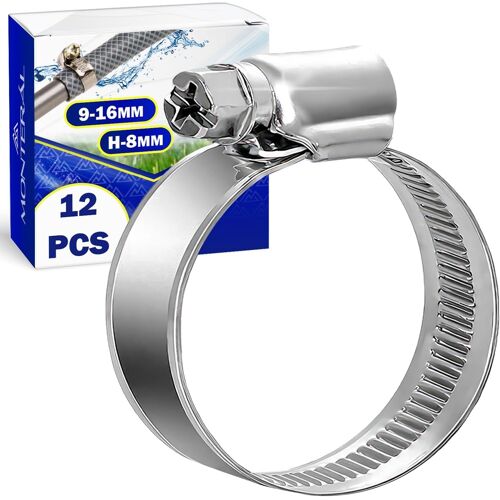 KALANKA-Collier De Serrage Métallique Inox Réglables Ø 9-16mm 8 mm Set 12 Pièces Colliers De Serrage Pour Tuyau Piscine & Machine À Laver Jardín - Monteral
