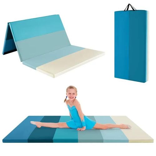 Tapis De Gymnastique Pliable Costway 180 X 120 X 4 Cm-3 Plis-En Mousse,Pu-Poignées De Transport-Attaches Auto-Agrippantes Bleu