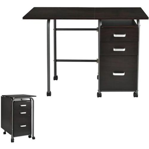 Costway Bureau Imformatique Pliable Avec 3 Tiroirs Coulissants Et Roues Verrouillables En Marron Naturel Pour Travail Bureau