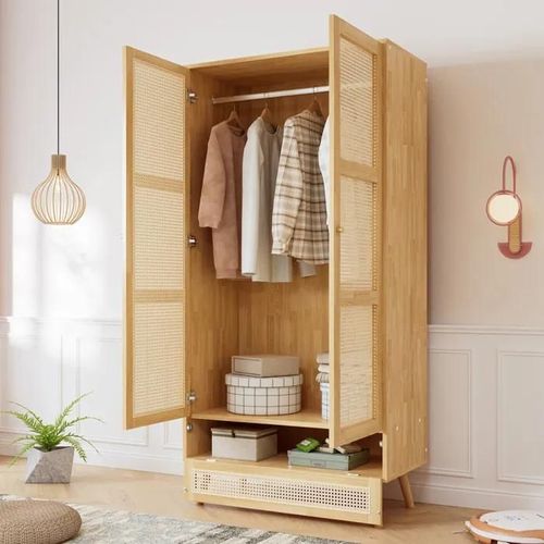 Armoire Avec Tringle À Penderie, Filet En Rotin, Salon, Avec Fond Rabattable, Aggloméré + Rotin Pe, Couleur Naturelle