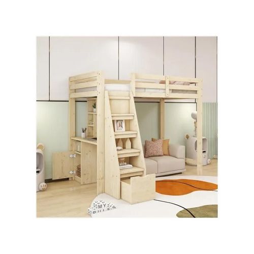 Lit Mezzanine 90*200 Cm, Plan De Travail Avec Étagères Et Placards, Cadre En Bois Massif, Couleur Bois D'origine
