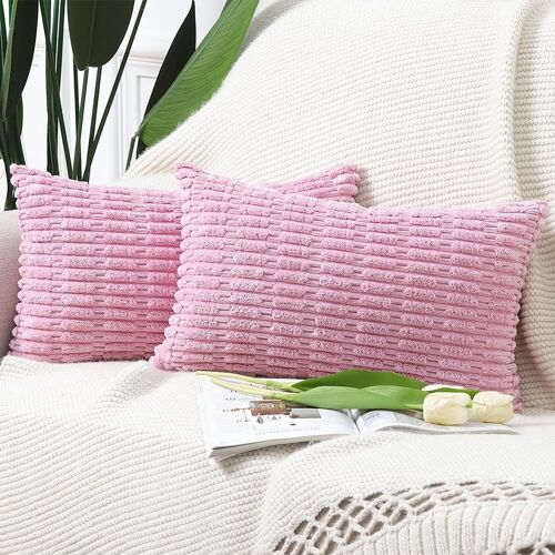 Kalanka-Lot De 2 Housses De Coussin En Velours Côtelé Rayé Boho Housse De Coussin Décorative Douce Pour Canapé Chambre À Coucher Rose 30 X 50 Cm