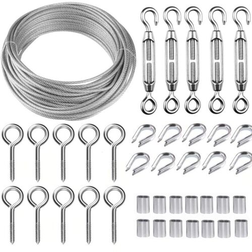 Corde En Acier Inoxydable A Suspendre Kit,30m/2mm Cable En Acier Inoxydable Revetu Avec M5 Tendeurs De Fil,Kit Cable Metallique 2mm Pour Plantes Grimpante,Outdoor Suspension,Corde A Linge Goodnice