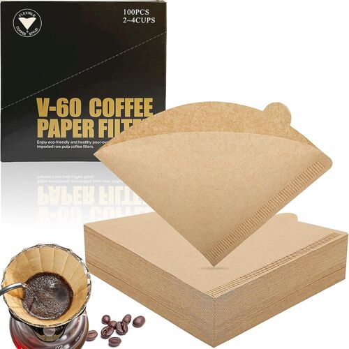 KALANKA-Filtres à Café en Papier,100 Pièces Filtres en Papier Filtre Café V60 Größe 02 Filtres à Café non Blanchi Coffee Filter Naturel Filtre Cafe pour Filtre à Main(2-4 Tasses)
