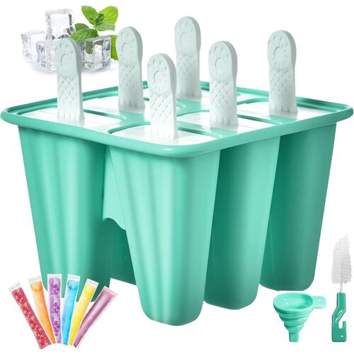 Kalanka-6 Cavités Vertes Moule Glace Silicone, Boules À Glaces Sans Bpa, Moules À Popsicle En Silicone Créatifs Fait Maison, Moule Glacon Avec Brosses Et Entonnoirs Pliants (Ls-6)