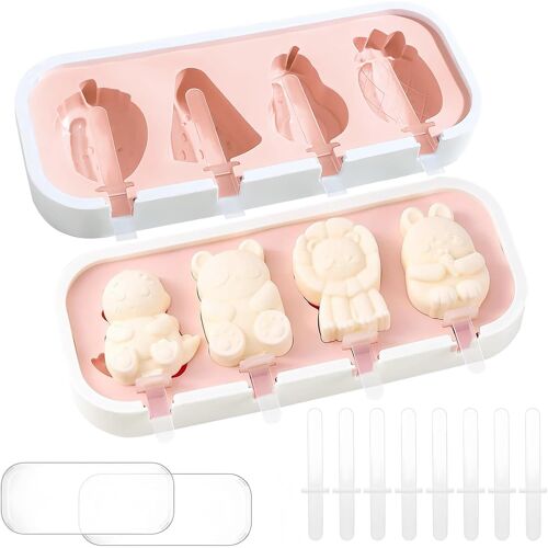 Kalanka-2 Moule A Glace Moules À Glaces Réutilisables En Forme D'animaux Silicone Ice Cream Moulds Avec 4 Compartiments En Forme De Fruits Adaptés Au Bricolage Et À L'interaction Parent Enfant (Rose)