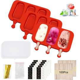 Eryi-3 Pcs Moules À Glace En Silicone, Moule À Tige De Glace, Grand Moule À Tige De Glace Avec Couvercle, 100 Moules À Glace En Silicone Rouge Tige En Bois