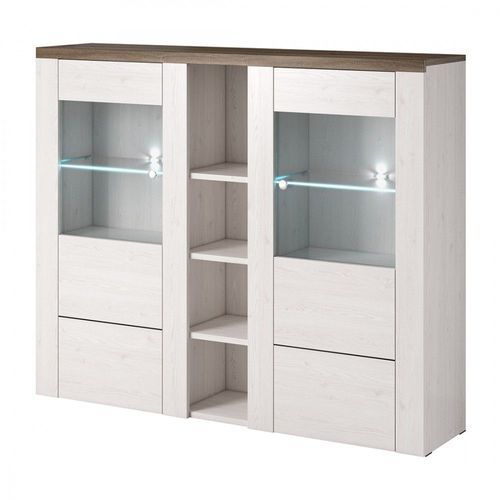 Vaisselier Design 2 Portes Pour Salon Couleur Blanc Effet Bois Et Chêne. Collection Santiago.