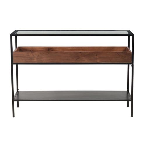 Console Avec Plateau En Verre, Rangement En Bois Massif Et Métal Noir L100 Cm Haora