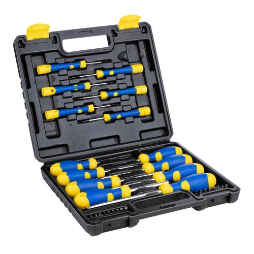 Kinzo Ensemble de tournevis 32 pièces avec pointe magnétique - Inclus mallette - Noir, Jaune, Bleu