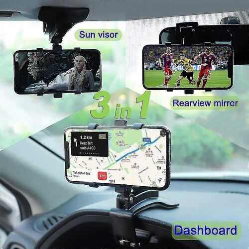 Support De Téléphone De Voiture, Support De Voiture Tableau De Bord Rétroviseur Miroir De Soleil Pare-Soleil 3 En 1 Support De Voiture Support De Voiture Rotatif 360 Rotatif Universel De Voiture Hud Holder Tableau De Bord De Voiture Phon