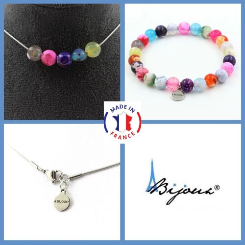 Parure Bijoux Bracelet Collier 5 Perles Agate Craquelé Fuchsia Taille Personnalisable.