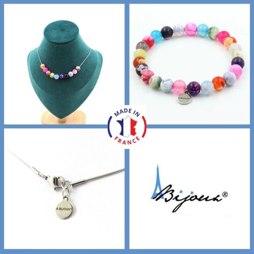 Parure Bijoux Bracelet Collier 10 Perles Agate Craquelé Fuchsia Taille Personnalisable.