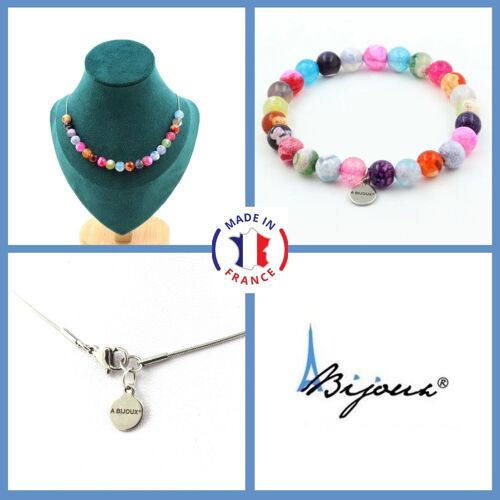 Parure Bijoux Bracelet Collier 20 Perles Agate Craquelé Fuchsia Taille Personnalisable.