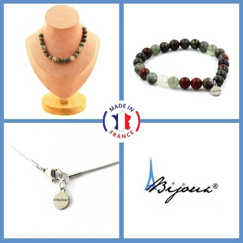 Parure Bijoux Bracelet Collier 20 Perles Jaspe Sang De Dragon 8 Mm. Taille Personnalisable.
