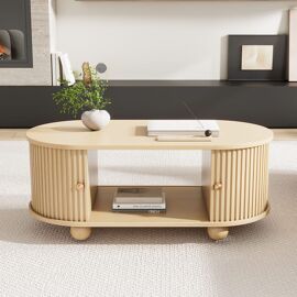 Table basse ovale effet bois clair 2 portes coulissantes