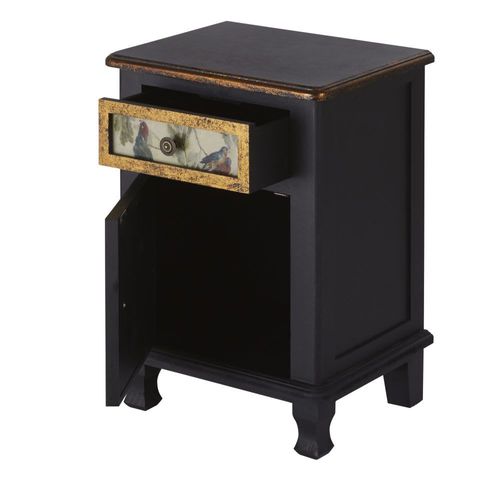 Table De Chevet 1 Porte 1 Tiroir Noire Et Dorée À Motifs