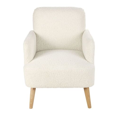 Fauteuil bouclettes blanches et pieds en bois de hêtre