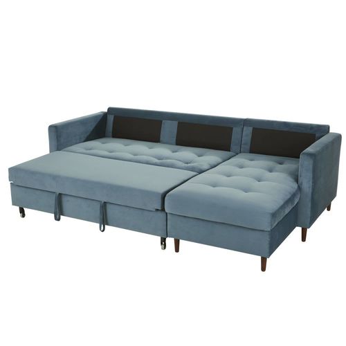 Canapé D'angle Convertible 4 Places En Velours Bleu