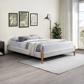 Lit Double Tissu Bouclette Blanc Pieds En Bois 140x190 Cm