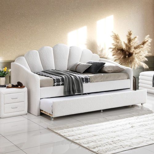 Lit Gigogne En Tissu Bouclette Blanc Écru 90x190 Cm