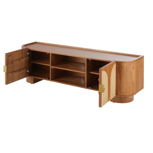 Meuble Tv 2 Portes En Bois De Manguier Massif, Rotin Et Métal Coloris Laiton