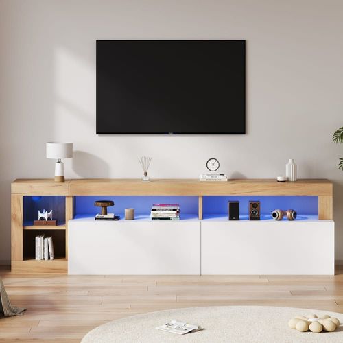 Meuble Tv Moderne Effet Bois Et Blanc 2 Portes Battantes Avec Led