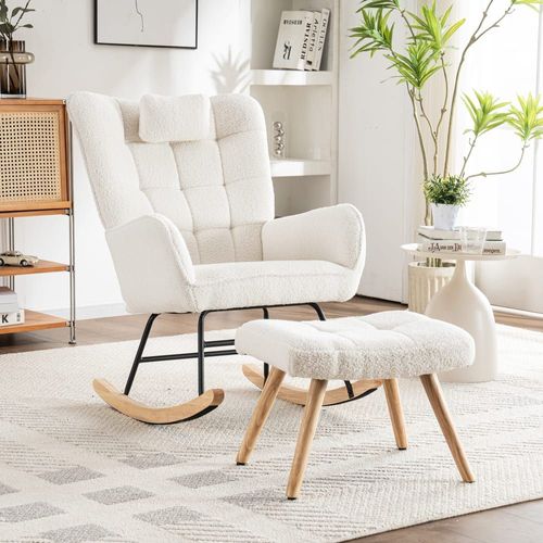 Fauteuil À Bascule Tissu Bouclette Blanc 1 Oreiller Et 1 Repose-Pieds