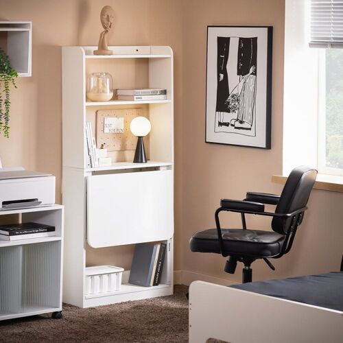 Table d'ordinateur rabattable avec étagères effet bois blanc