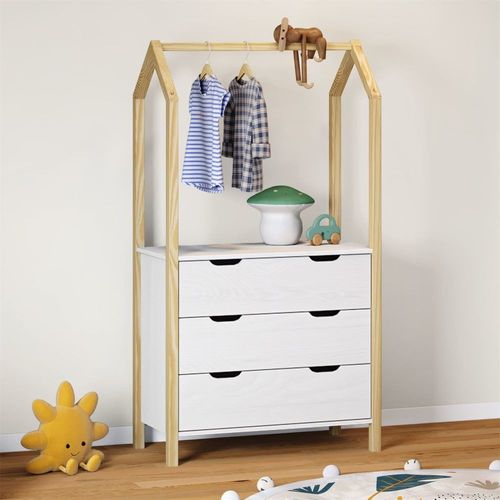 Commode Enfant 3 Tiroirs 1 Tringle En Bois Massif, Blanc/Naturel