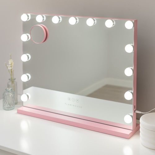 Miroir Maquillage Lumineux 15 LED Métal 58x46x12cm Rose