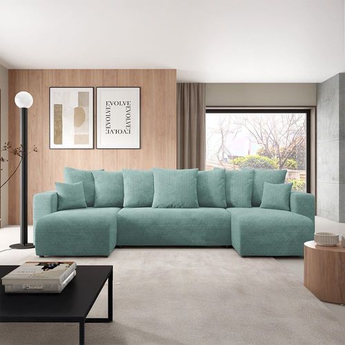 Canapé Panoramique 6 Places En Tissu Vert Clair