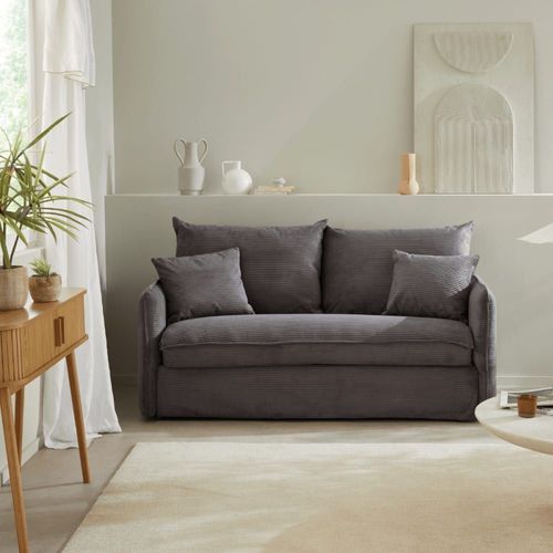 Canapé Convertible 3 Places En Tissu Velours Côtelé - Gris Anthracite