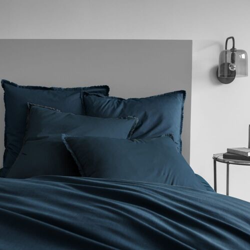 Parure De Lit Unie En Coton Lavé Bleu Nuit 240x220+2x65x65cm