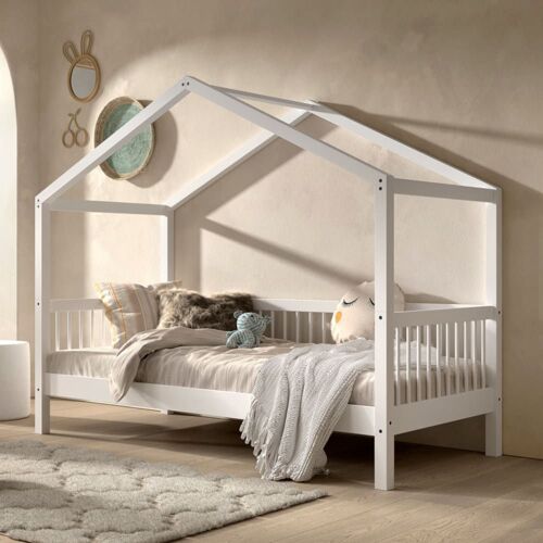 Lit cabane en hêtre massif blanc 90x200
