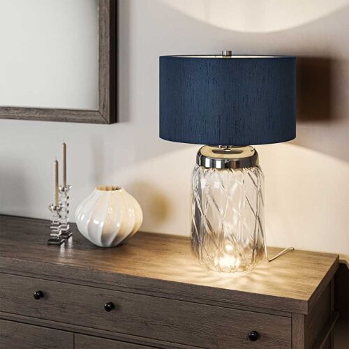 Lampe À Poser En Verre Et Abat-Jour En Faux Soie Bleu H : 67,5cm