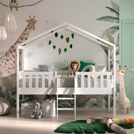 Lit Cabane Surélevé Pin Massif Blanc 90x200