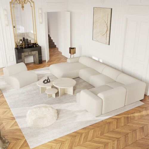 Canapé panoramique angle gauche en bouclette XXL crème 354cm
