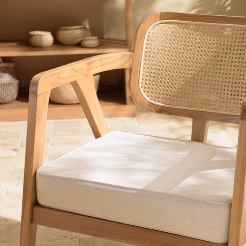 Fauteuil En Teck Dossier En Cannage Naturel Coussin Gris