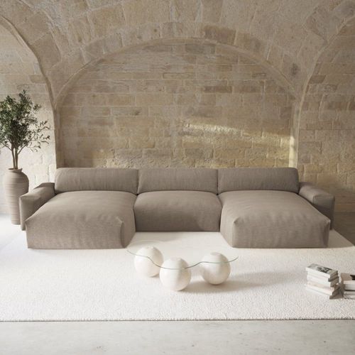 Canapé Panoramique 5 Places Tissu Tramé Toucher Doux Taupe 420cm