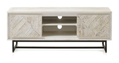 Meuble TV en manguier massif patiné blanc