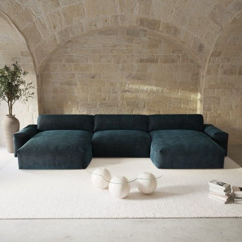 Canapé Panoramique 5 Places Velours Bleu Paon 420cm
