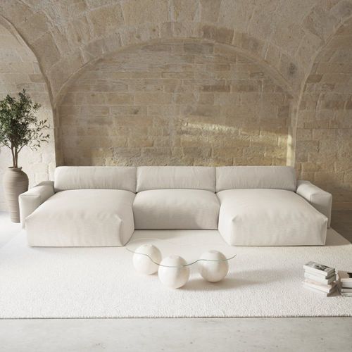 Canapé Panoramique 5 Places Tissu Tramé Toucher Doux Beige 420cm