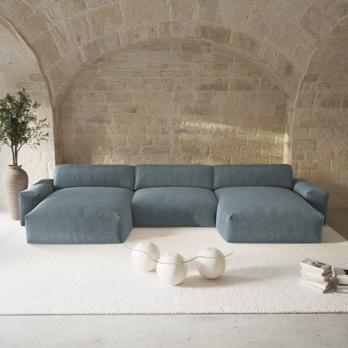 Canapé Panoramique 5 Places Tissu Tramé Toucher Doux Bleu Gris 420cm