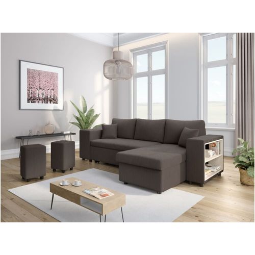 Canapé Convertible 2 Poufs Gauche Et Étagère En Velours Côtelé - Gris