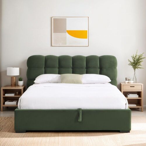 Lit coffre 180x200 cm avec tête de lit en velours vert kaki