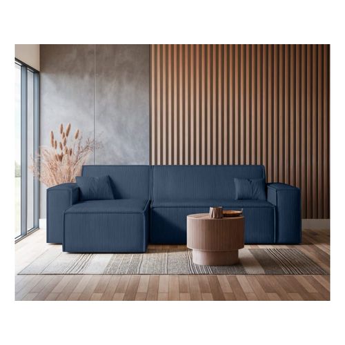 Canapé D'angle Convertible 3 Places En Velours Cotelé Bleu Foncé