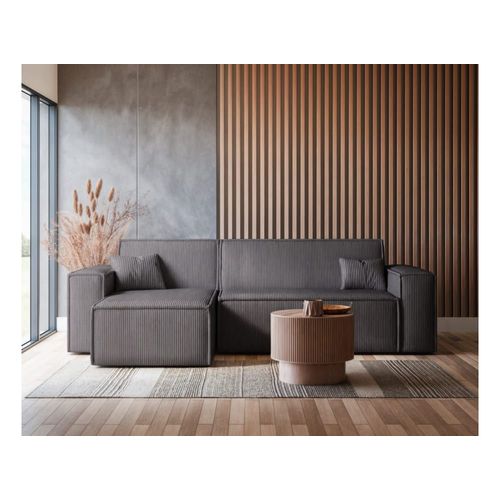 Canapé D'angle Convertible 3 Places En Velours Cotelé Gris