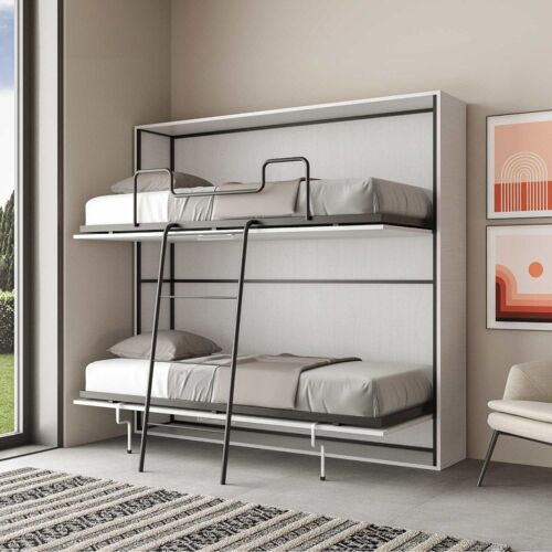 Lit escamotable horizontal superposé av.matelas effet bois frêne blanc